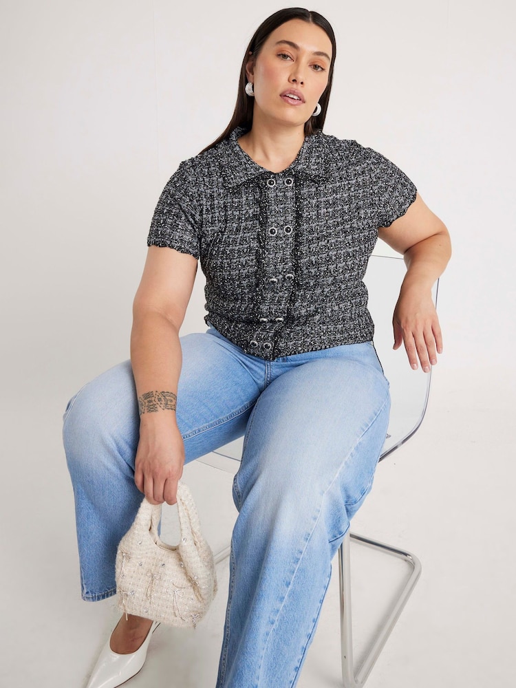 River Island Grey Button Front Boucle Collar Top - Image 2 of 6