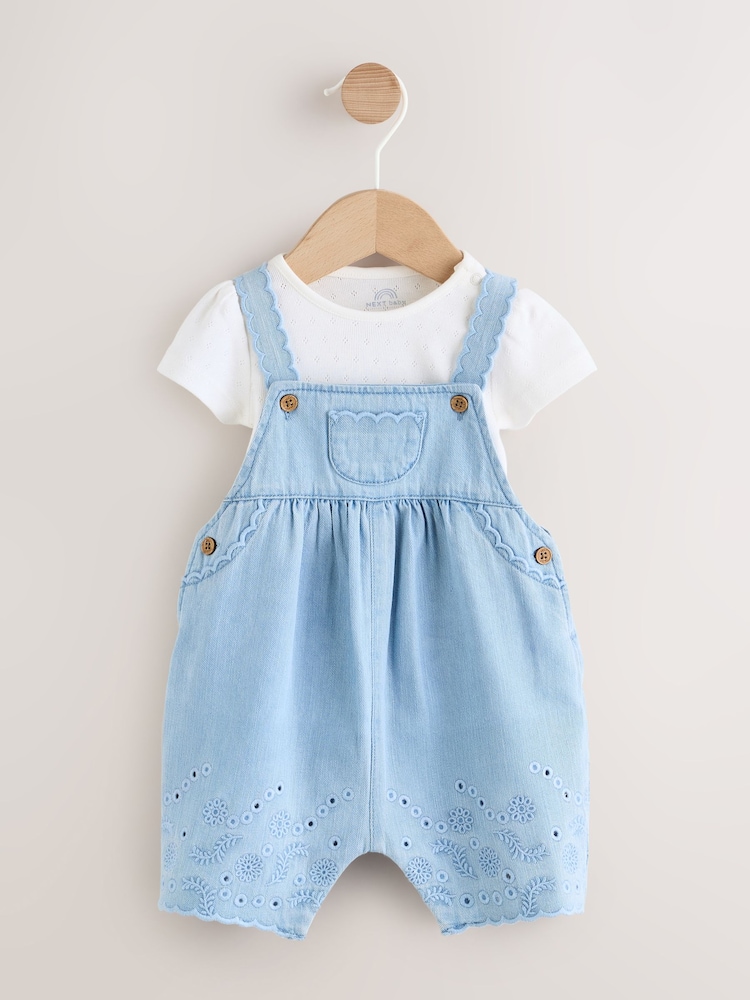 Denim Blue Broiderie Dungaree and Bodysuit Baby 2 Piece Set (0mths-3yrs) - Image 1 of 9