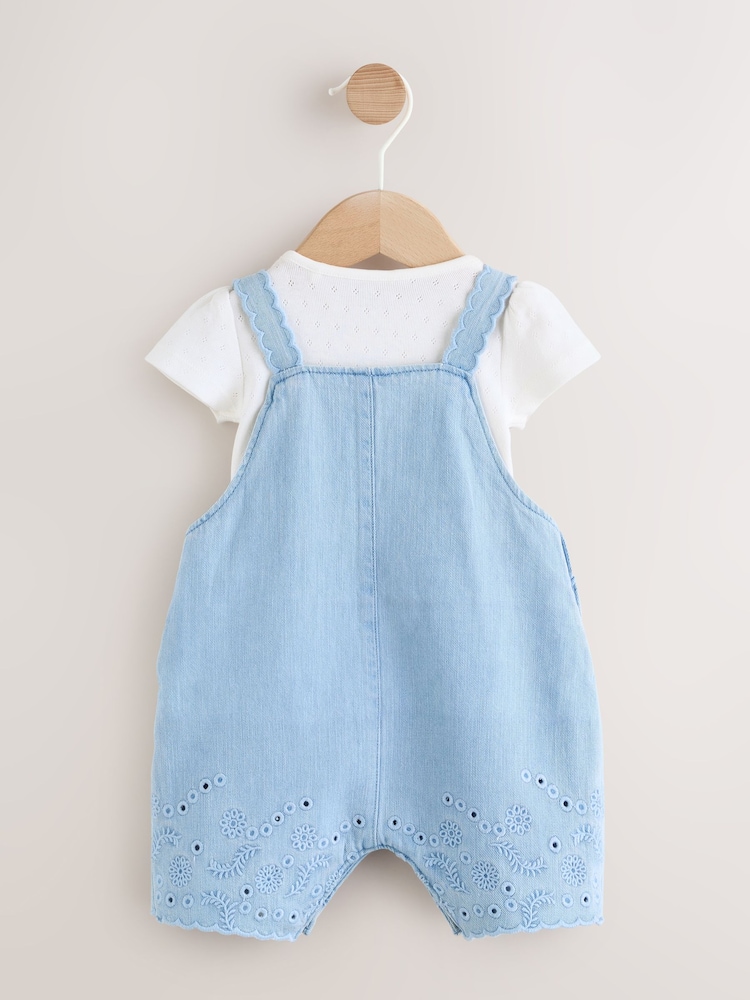 Denim Blue Broiderie Dungaree and Bodysuit Baby 2 Piece Set (0mths-3yrs) - Image 2 of 9