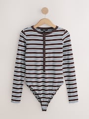 Schokoladenbraun/Ecru Streifen - Henley Gerippter Langarm-Body - Bild 1 von 3