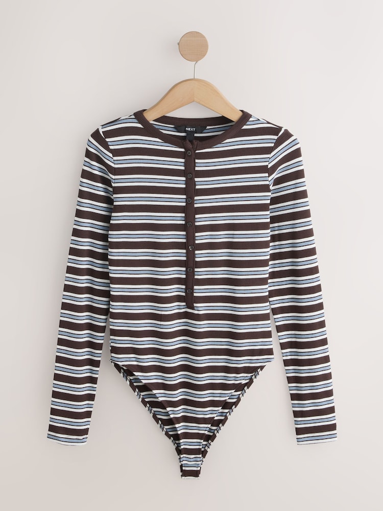 Schokoladenbraun/Ecru Streifen - Henley Gerippter Langarm-Body - Bild 1 von 3