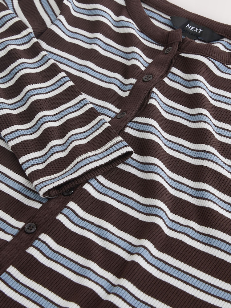 Schokoladenbraun/Ecru Streifen - Henley Gerippter Langarm-Body - Bild 2 von 3