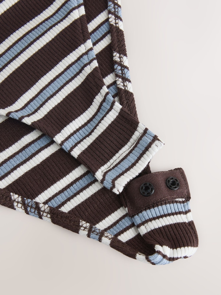 Schokoladenbraun/Ecru Streifen - Henley Gerippter Langarm-Body - Bild 3 von 3