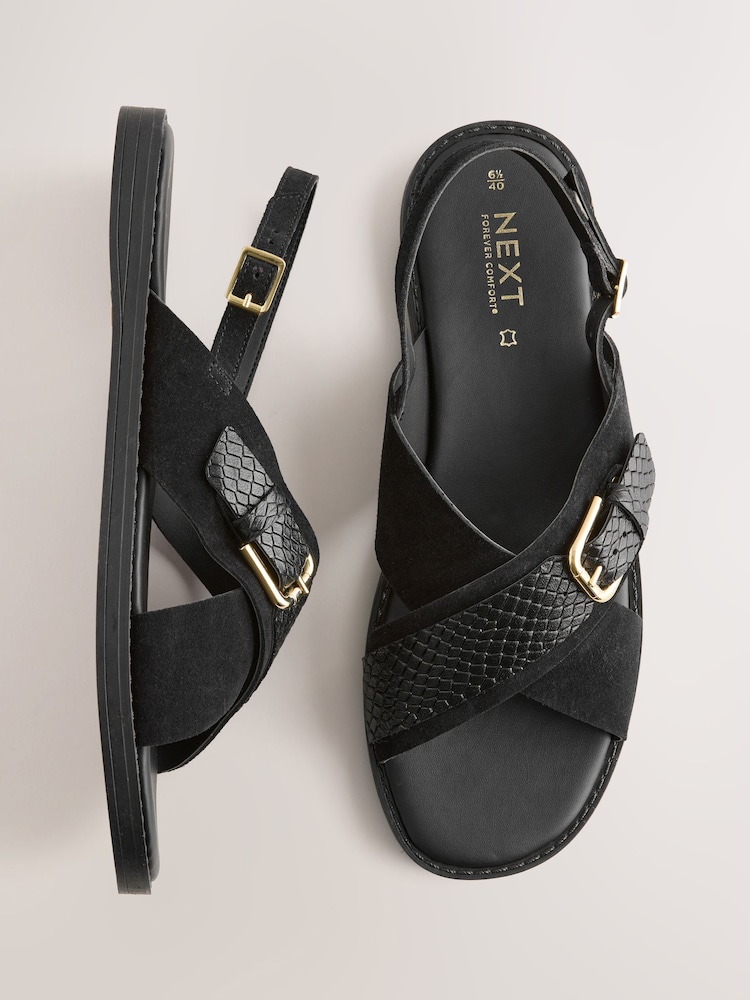 Black Suede Extra Wide Fit Forever Comfort® Buckle Detail Sling Back Sandals - Image 1 of 10 Black Suede Extra Wide Fit Forever Comfort® Buckle Detail Sling Back Sandals - Image 1 of 10