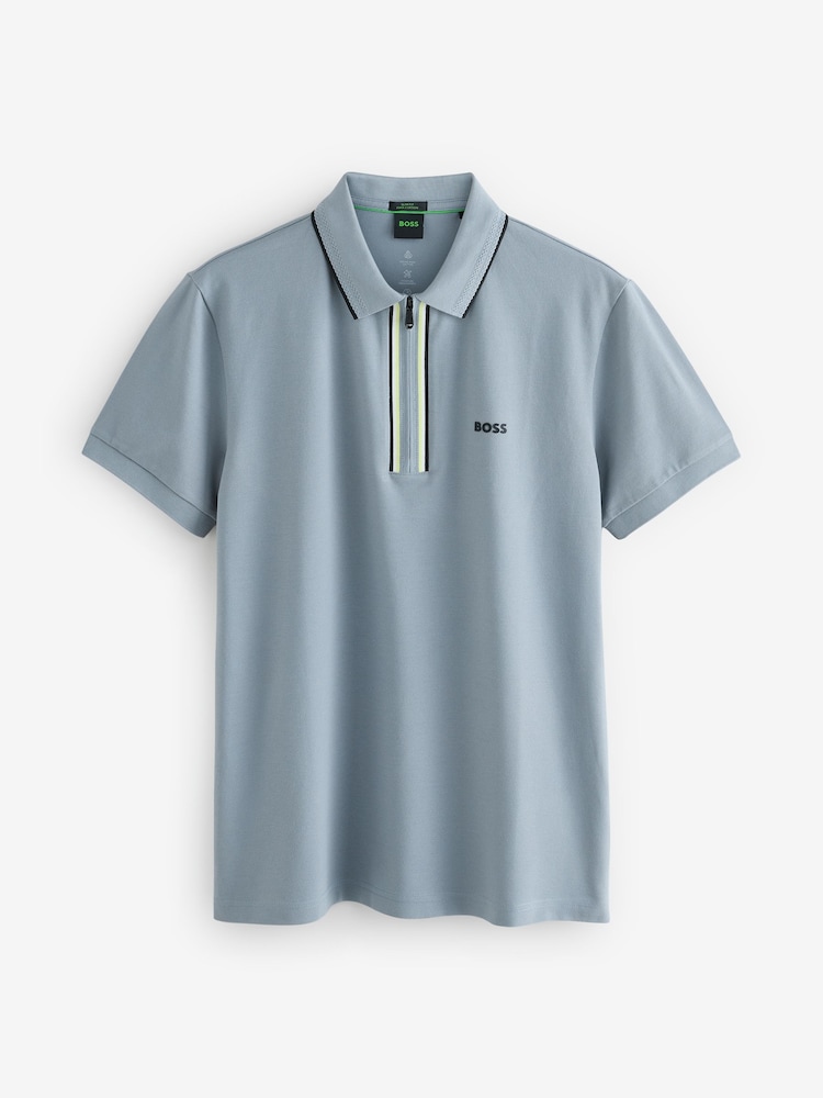BOSS Grey Phillix Tape Zip Neck Contrast Detail Knit Polo Shirt - Image 1 of 1