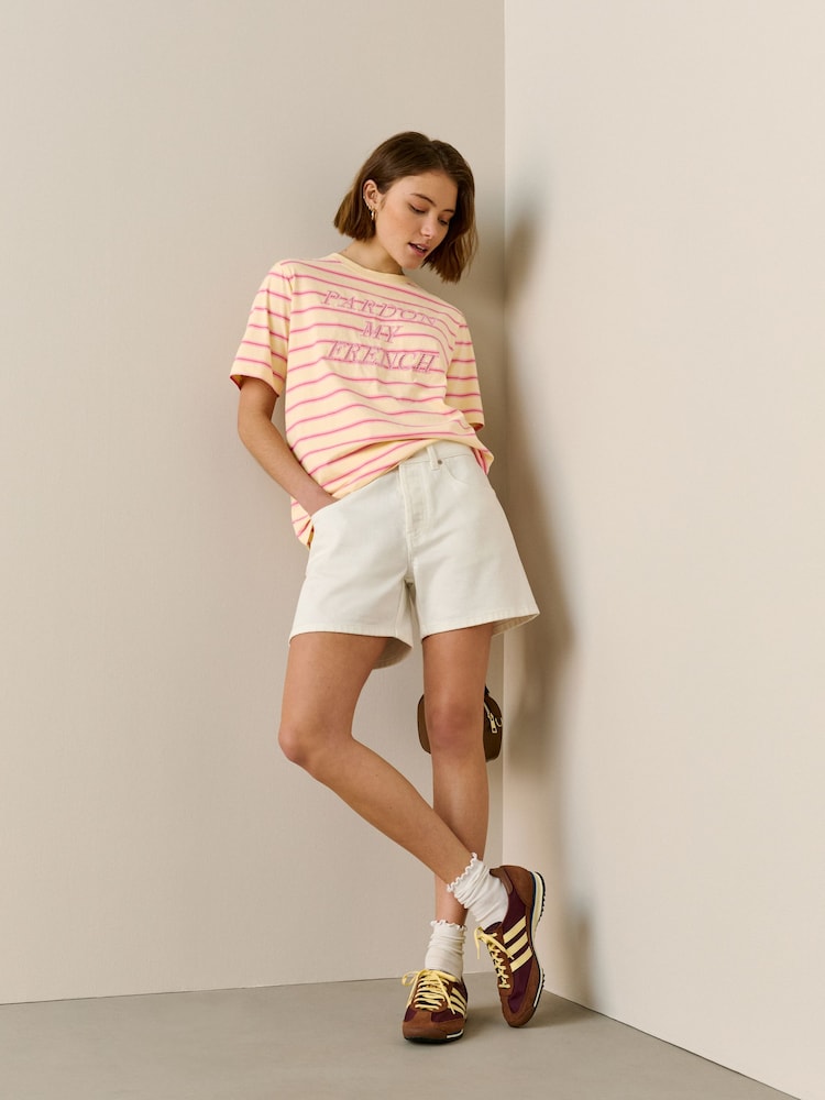 Pink Stripe Heavyweight Short Sleeve Crew Neck T-Shirt - Image 2 of 7 Pink Stripe Heavyweight Short Sleeve Crew Neck T-Shirt - Image 2 of 7