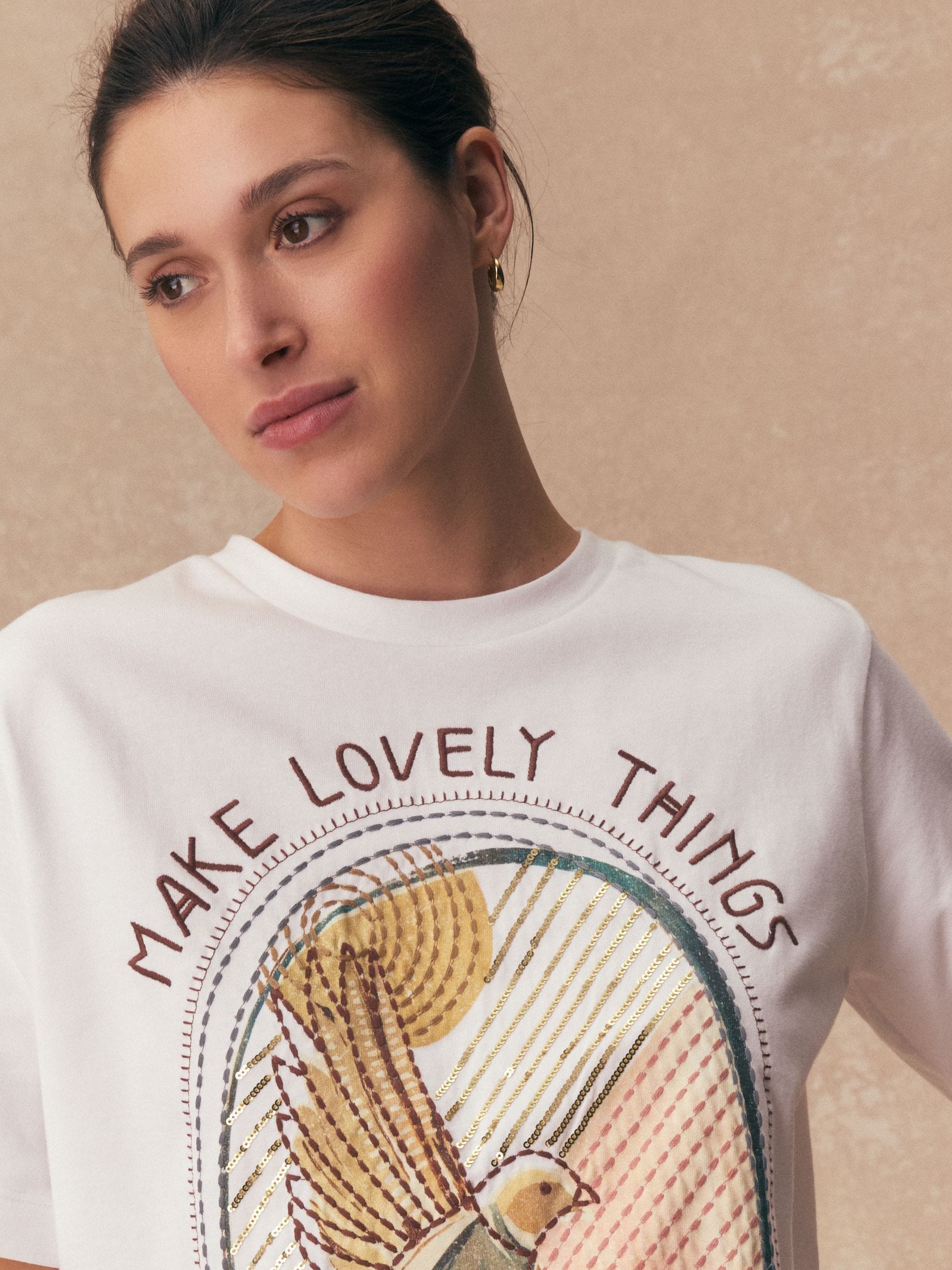 Buy White Embroidered Bird Graphic Short Sleeve Crew Neck T-Shirt