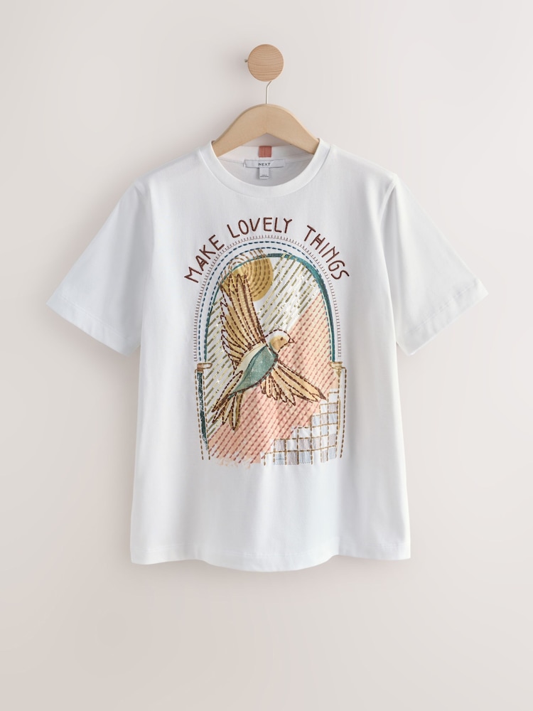 Next：日本 ホワイト 刺繍 バード グラフィック - 半袖 クルーネック T 
