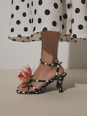 Black/White Polkadot Forever Comfort 3D Flower Heeled Sandals - Image 1 of 6