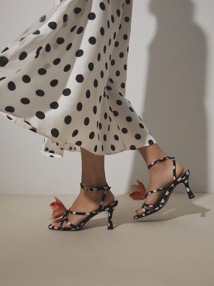 Black/White Polkadot Forever Comfort 3D Flower Heeled Sandals - Image 2 of 6