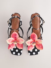 Black/White Polkadot Forever Comfort 3D Flower Heeled Sandals - Image 8 of 11