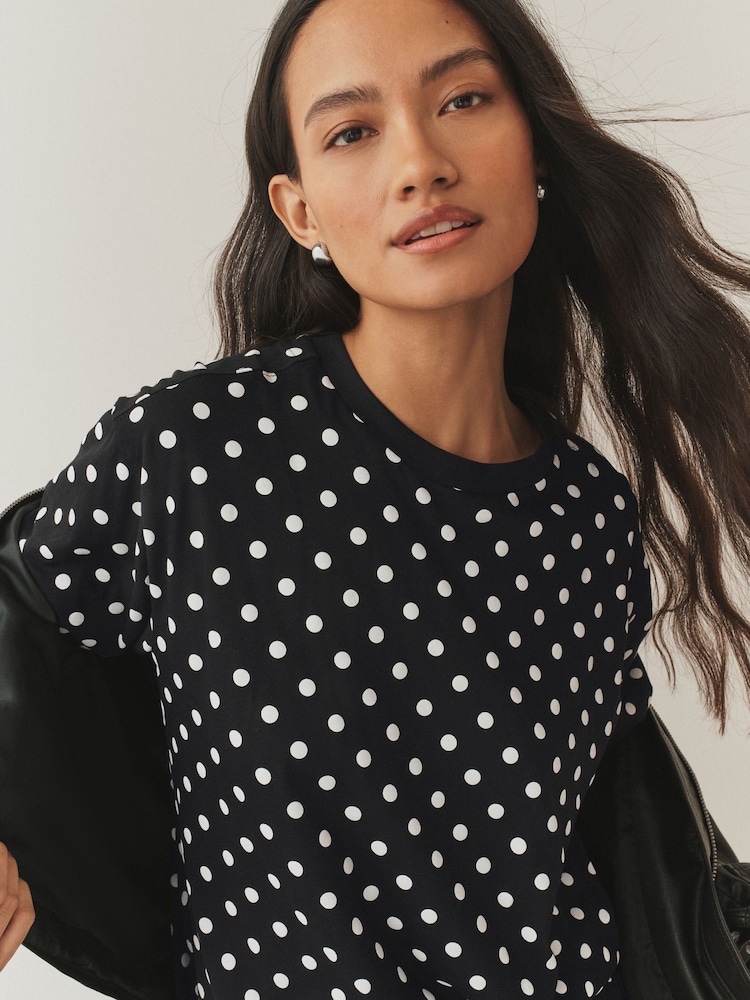 Black/White Polka Dot Relaxed Boxy Elbow Length Crew Neck T-Shirt - Image 1 of 7 Black/White Polka Dot Relaxed Boxy Elbow Length Crew Neck T-Shirt - Image 1 of 7