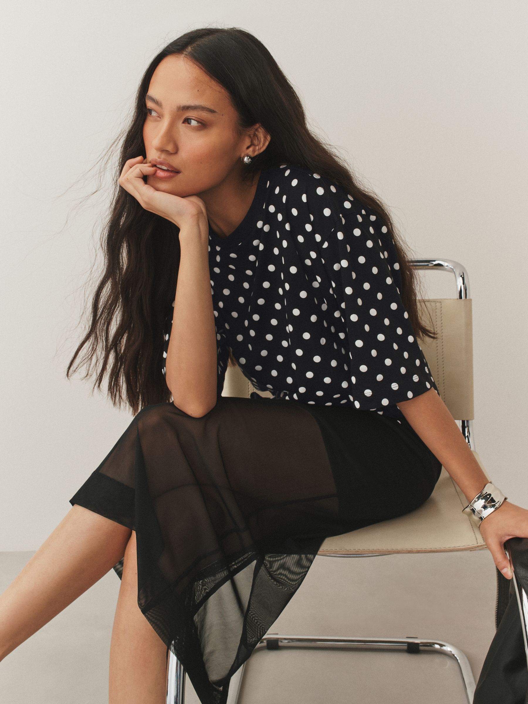 Buy Black/White Polka Dot Relaxed Boxy Elbow Length Crew Neck T