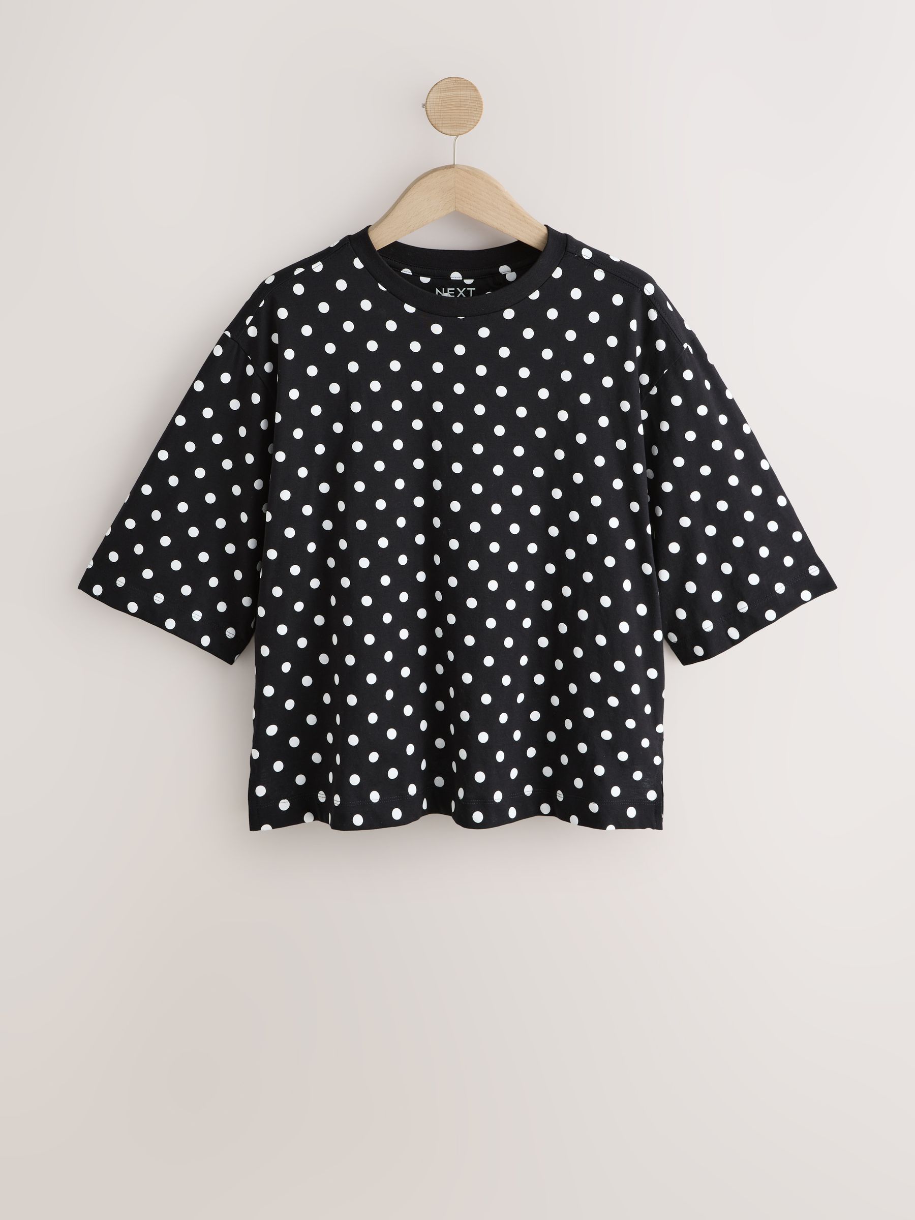 Buy Black/White Polka Dot Relaxed Boxy Elbow Length Crew Neck T