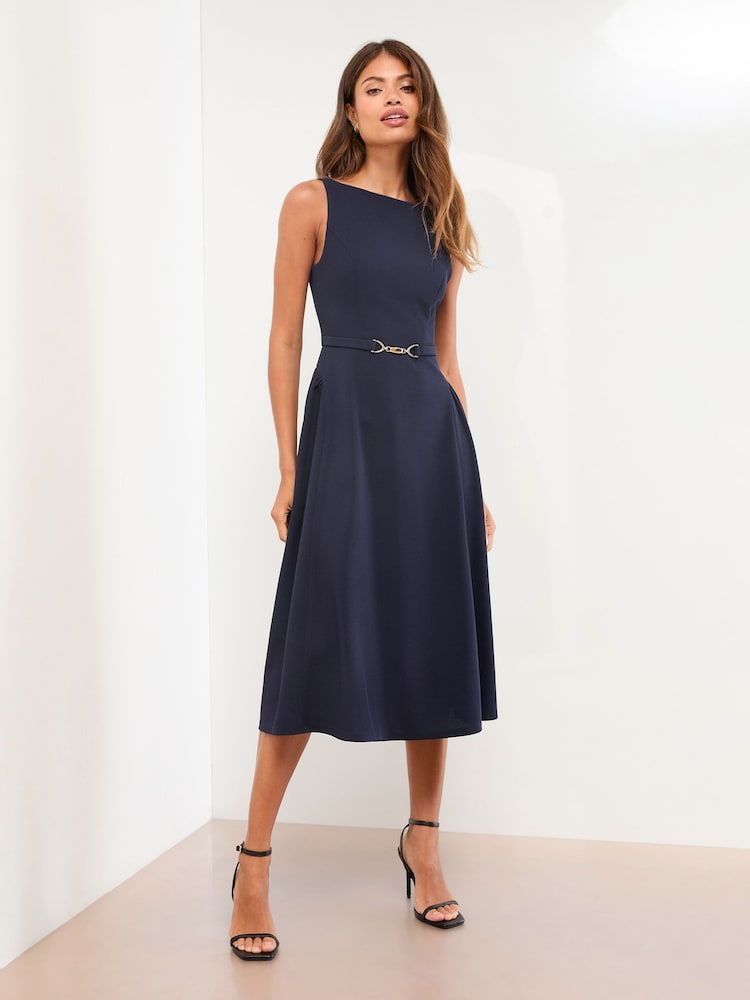 Marinha - Vestido midi skater sem mangas Lipsy com acabamento em babado - Imagem 1 de 4