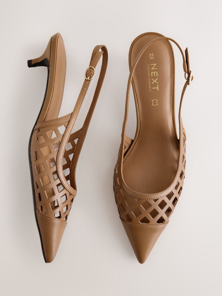 Tan Brown Forever Comfort® Leather Lasercut Slingback Heels - Image 1 of 5