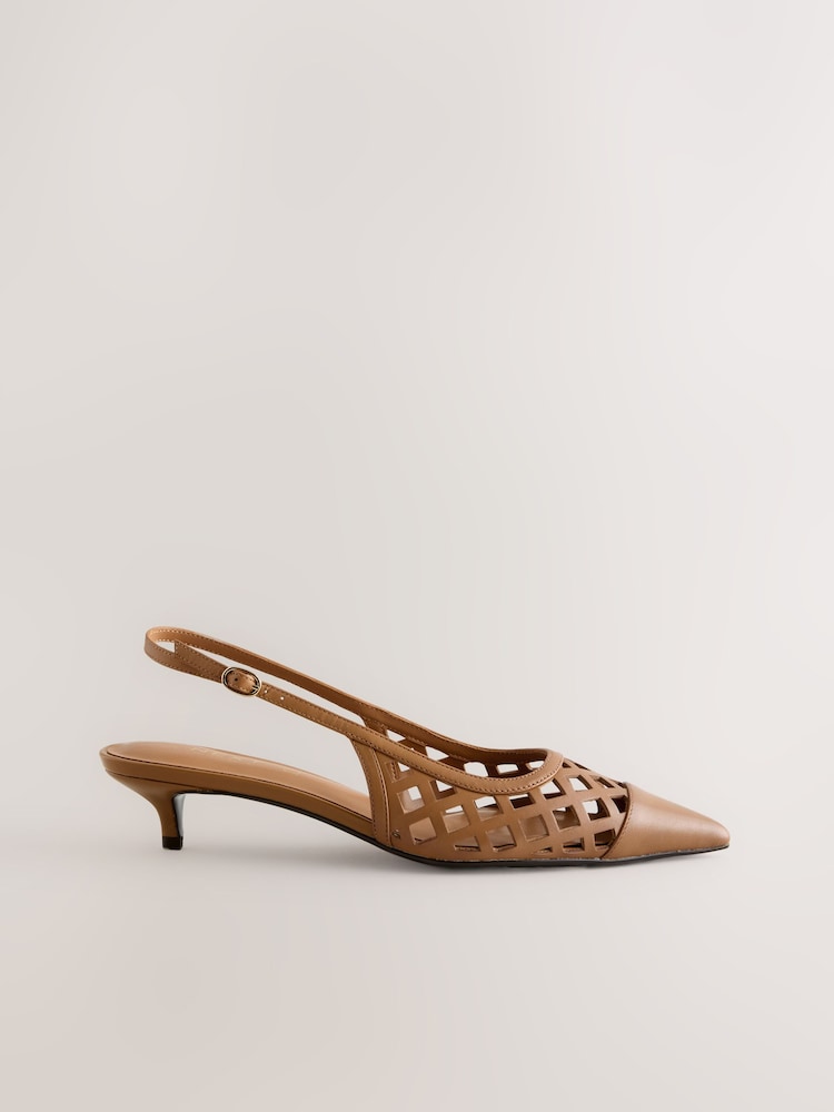 Tan Brown Forever Comfort® Leather Lasercut Slingback Heels - Image 2 of 5