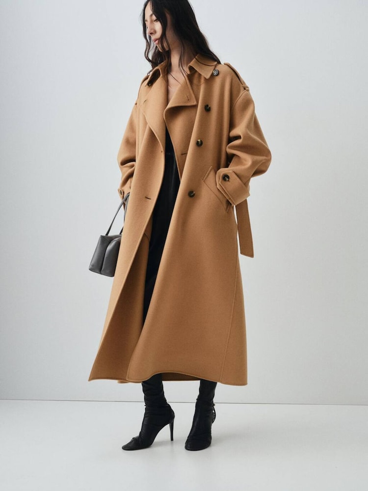 Mango Brown Double-Breasted Wool Coat - Image 1 of 7