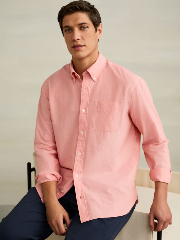 Coral Pink Long Sleeve Lightweight Pocket Oxford  Shirt - Image 1 of 8