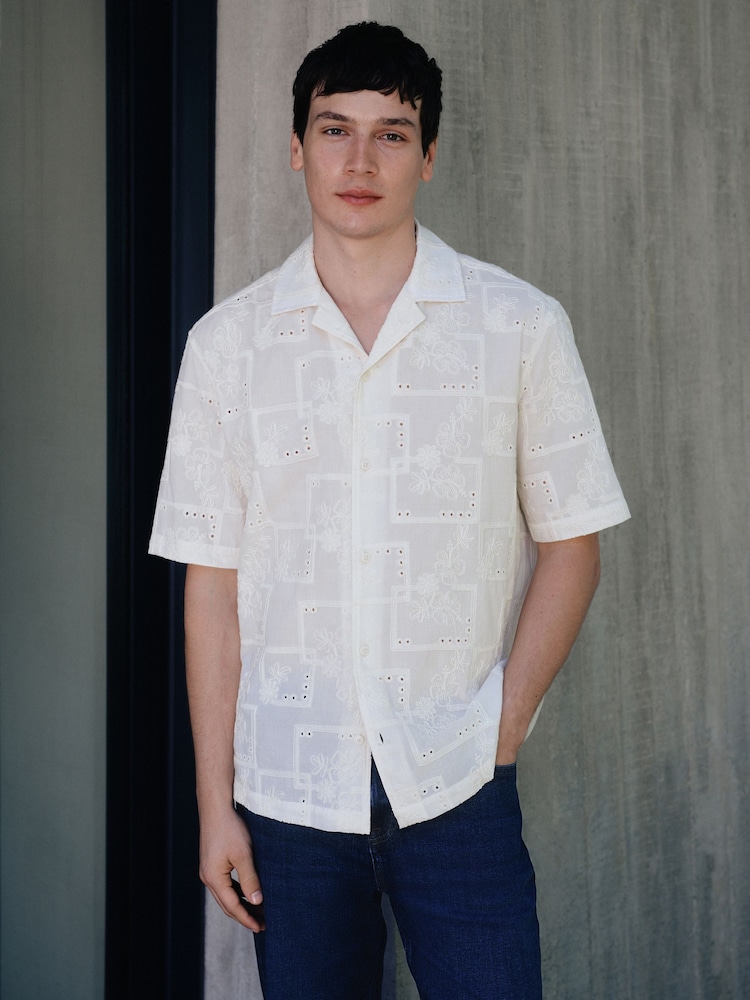 Ecru White Broderie Patterned Short Sleeve Shirt - Image 1 of 7