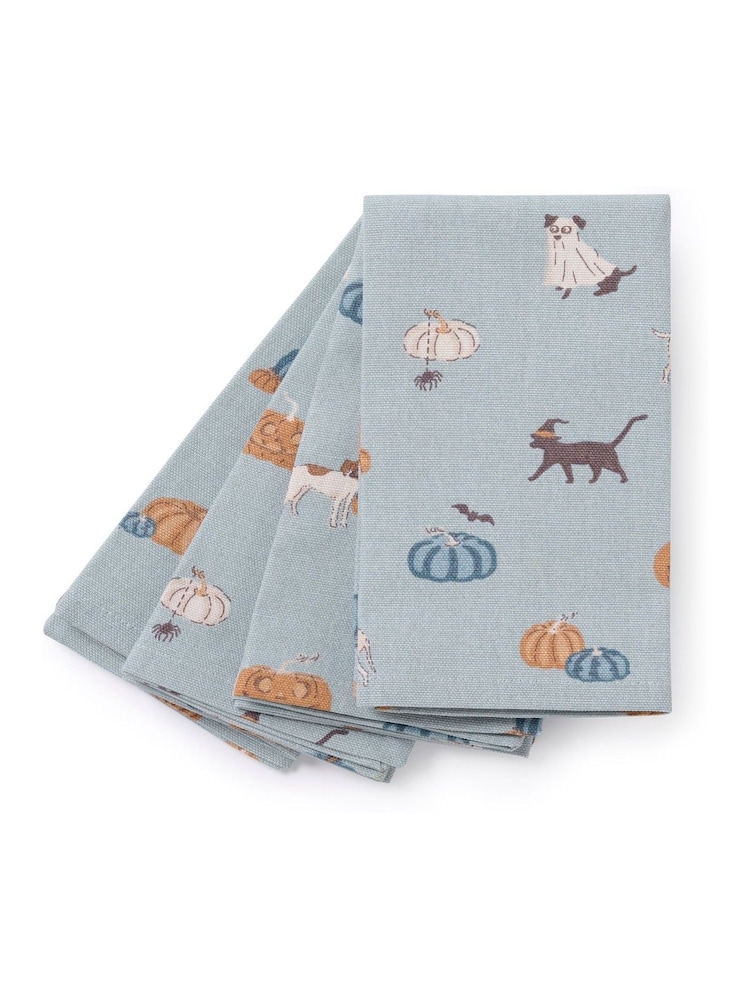 Sophie Allport Set of 4 Soft Teal Paws & Pumpkins Napkins - Image 3 of 3 Sophie Allport Set of 4 Soft Teal Paws & Pumpkins Napkins - Image 3 of 3