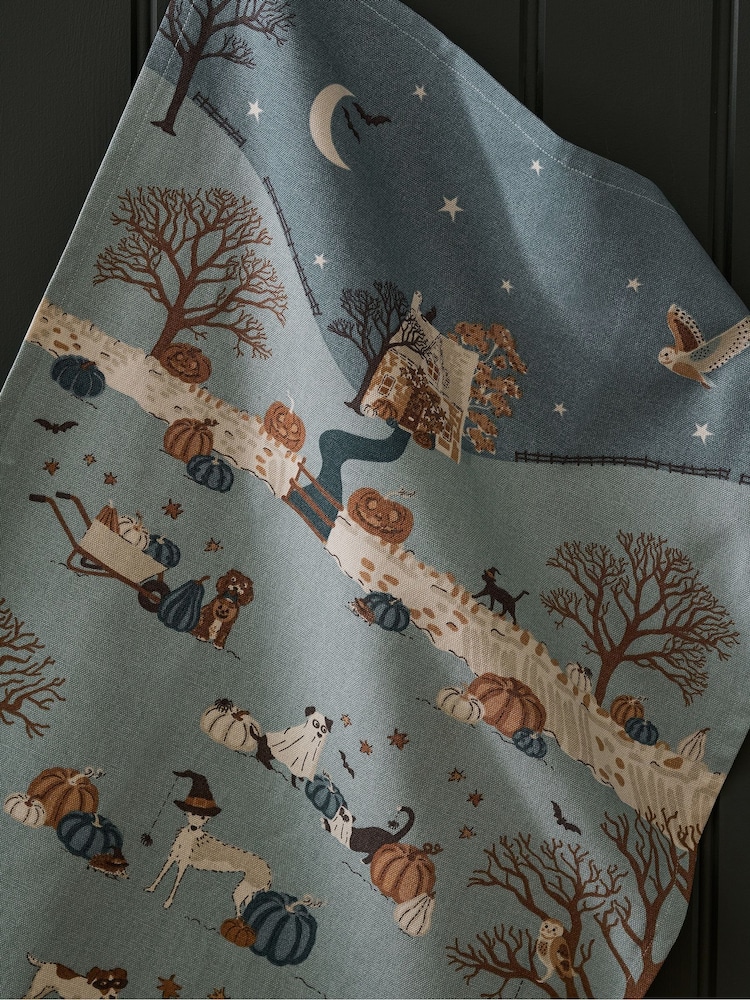 Sophie Allport Soft Teal Paws & Pumpkins Scene Tea Towel - Image 2 of 3 Sophie Allport Soft Teal Paws & Pumpkins Scene Tea Towel - Image 2 of 3