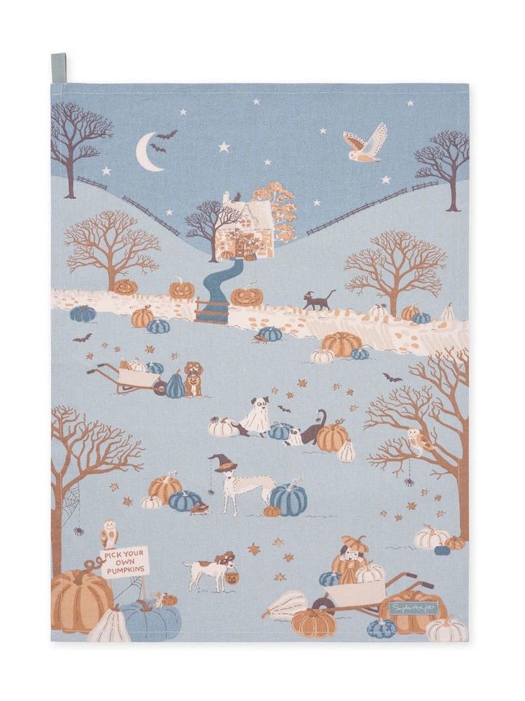 Sophie Allport Soft Teal Paws & Pumpkins Scene Tea Towel - Image 3 of 3 Sophie Allport Soft Teal Paws & Pumpkins Scene Tea Towel - Image 3 of 3