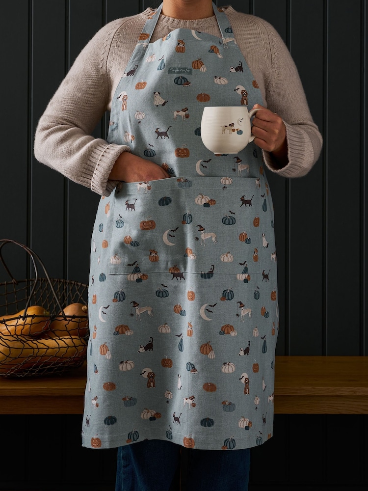 Sophie Allport Soft Teal Paws & Pumpkins Apron - Image 1 of 3 Sophie Allport Soft Teal Paws & Pumpkins Apron - Image 1 of 3