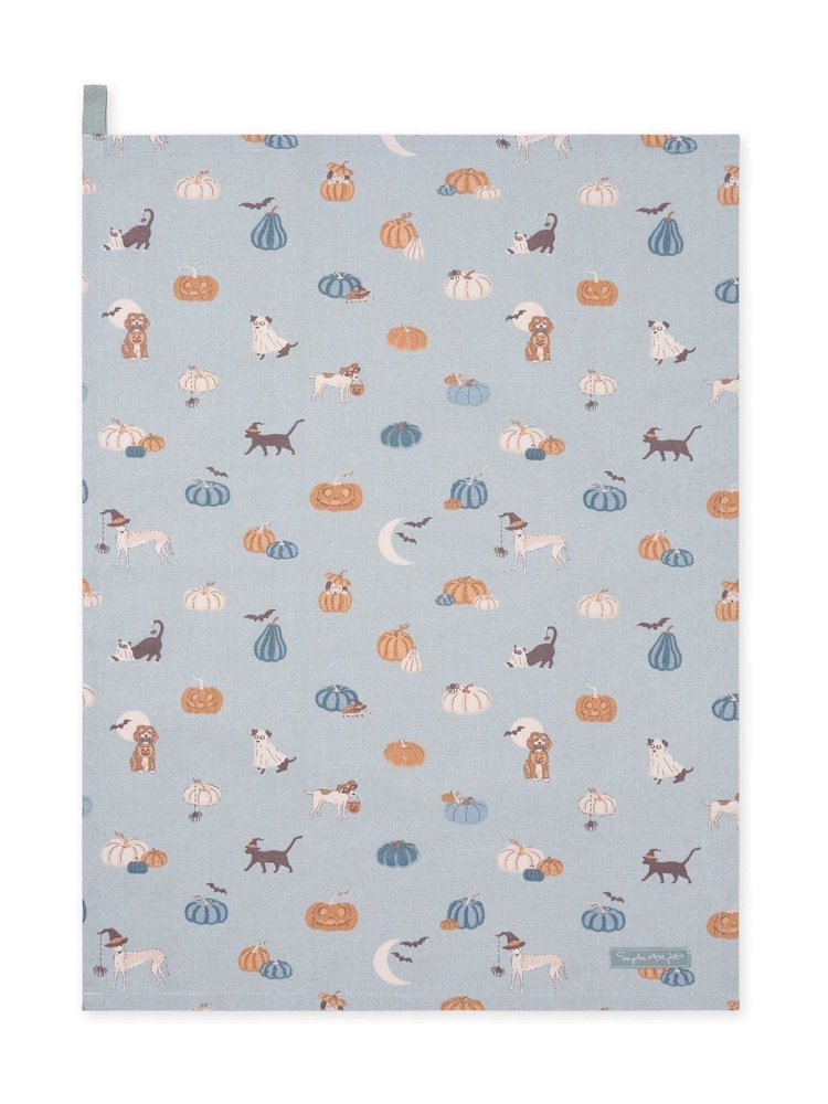 Sophie Allport Soft Teal Paws & Pumpkins Tea Towel - Image 3 of 3