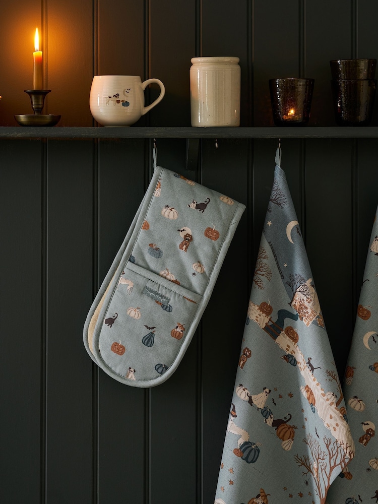 Sophie Allport Soft Teal Paws & Pumpkins Double Oven Gloves - Image 1 of 3 Sophie Allport Soft Teal Paws & Pumpkins Double Oven Gloves - Image 1 of 3