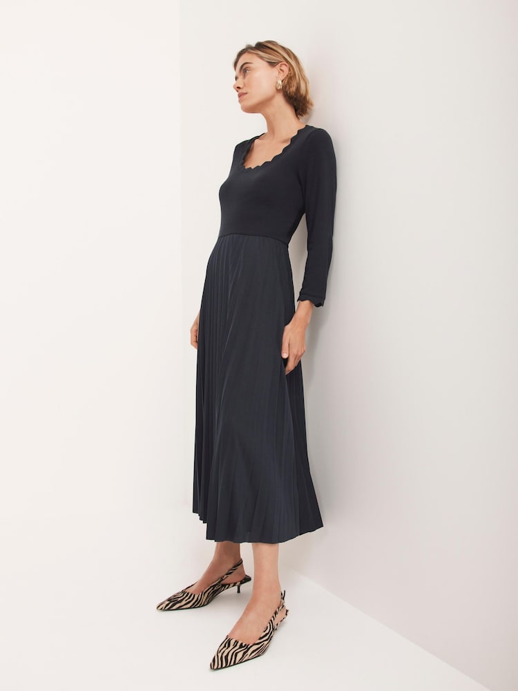 Mint Velvet Blue Scallop Jersey Mix Midi Dress - Image 2 of 8