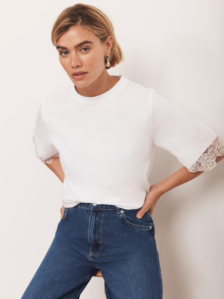 Mint Velvet White Cotton Lace Trim T-Shirt - Image 2 of 8 Mint Velvet White Cotton Lace Trim T-Shirt - Image 2 of 8