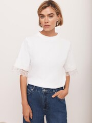Mint Velvet White Cotton Lace Trim T-Shirt - Image 3 of 8