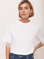 Mint Velvet White Cotton Lace Trim T-Shirt - Image 6 of 8