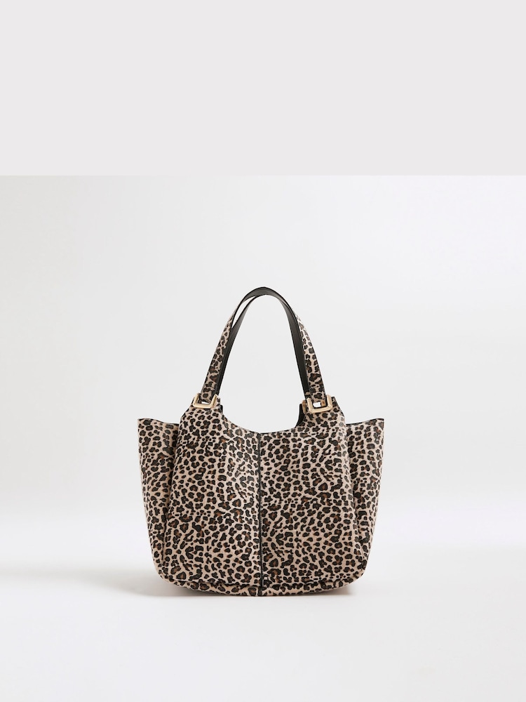 Buy River Island Brown Leopard Print Winged Slouch Tote Bag from