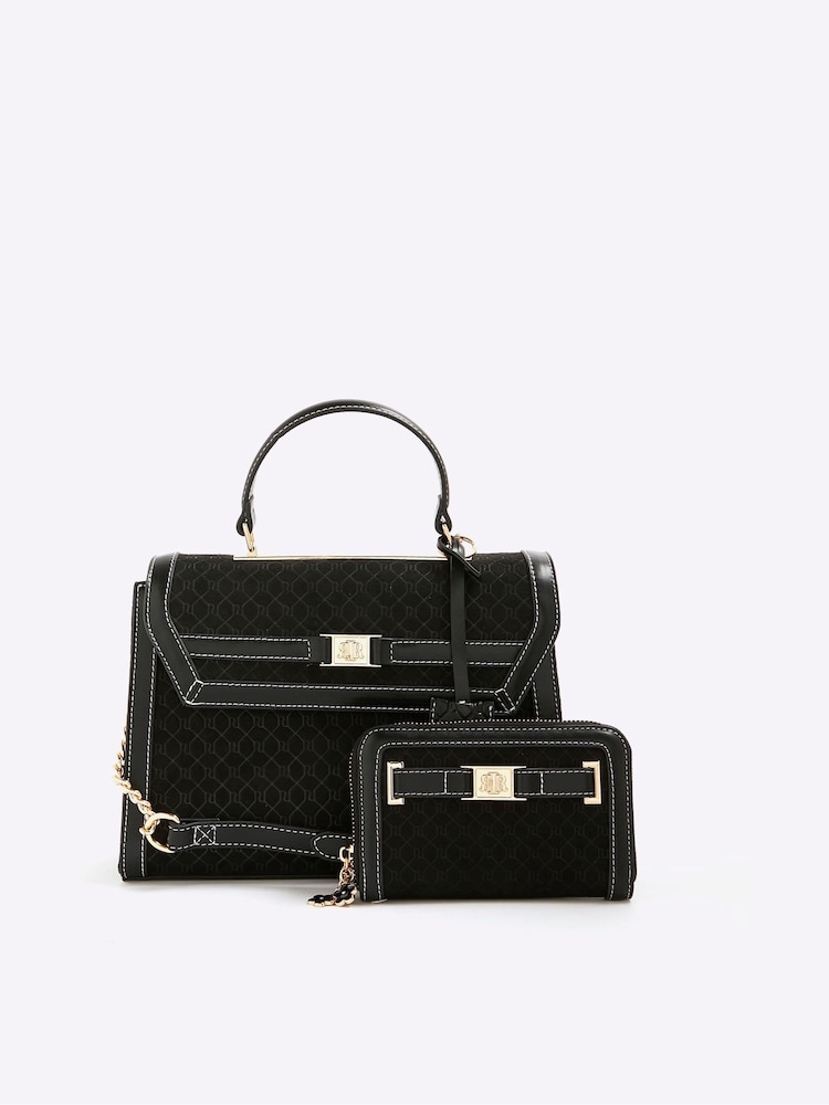 River Island Black Suedette Charm Tote Bag and Purse Bundle Set - Image 1 of 5