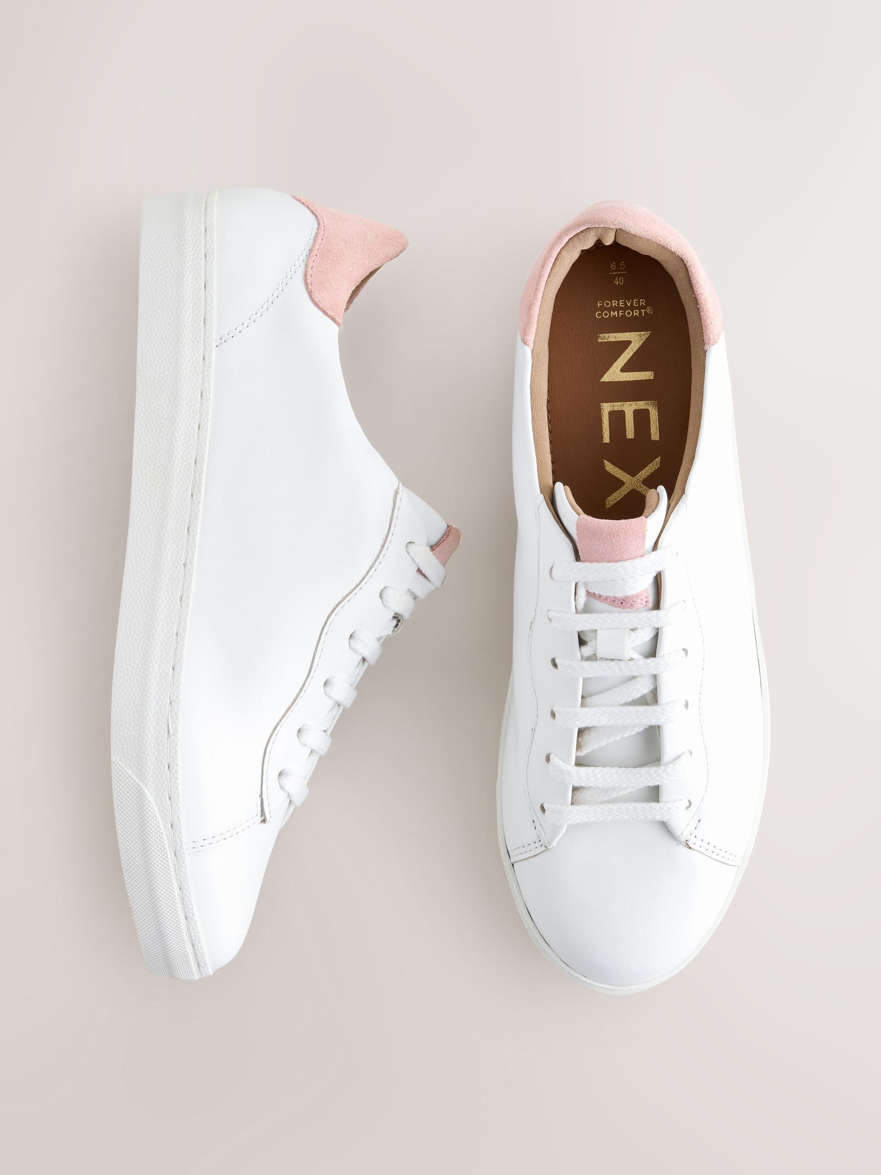 Buy White/Pink - Forever Comfort® Leather Lace-Up Trainers from