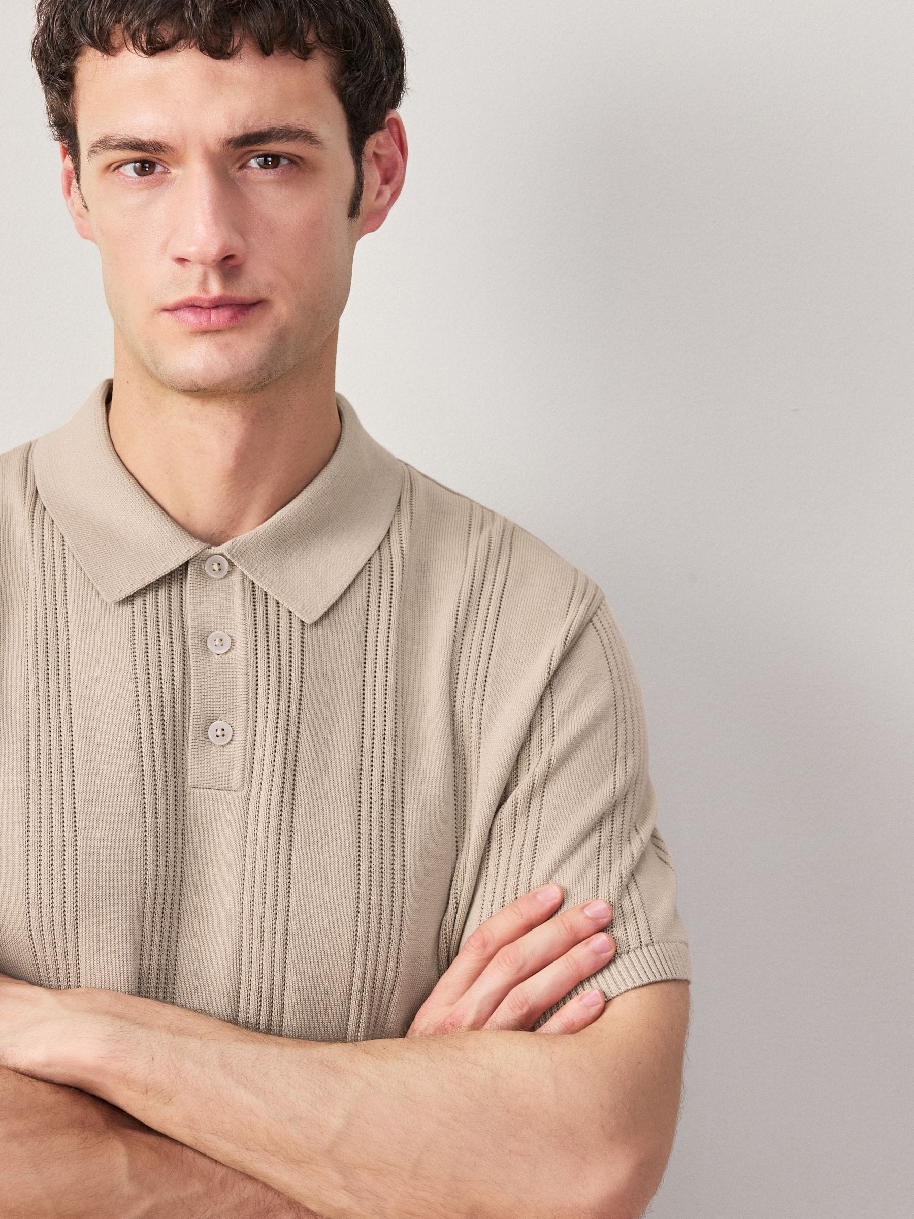 Buy Neutral Regular Fit Cotton Rich Pointelle Knit Polo Shirt from