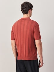 Rust Red Regular Fit Regular Fit Cotton Rich Pointelle Stripe Short Sleeve Knit Polo Shirt - Image 4 of 7