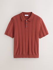 Rust Red Regular Fit Regular Fit Cotton Rich Pointelle Stripe Short Sleeve Knit Polo Shirt - Image 5 of 7