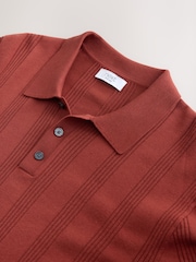 Rust Red Regular Fit Regular Fit Cotton Rich Pointelle Stripe Short Sleeve Knit Polo Shirt - Image 6 of 7