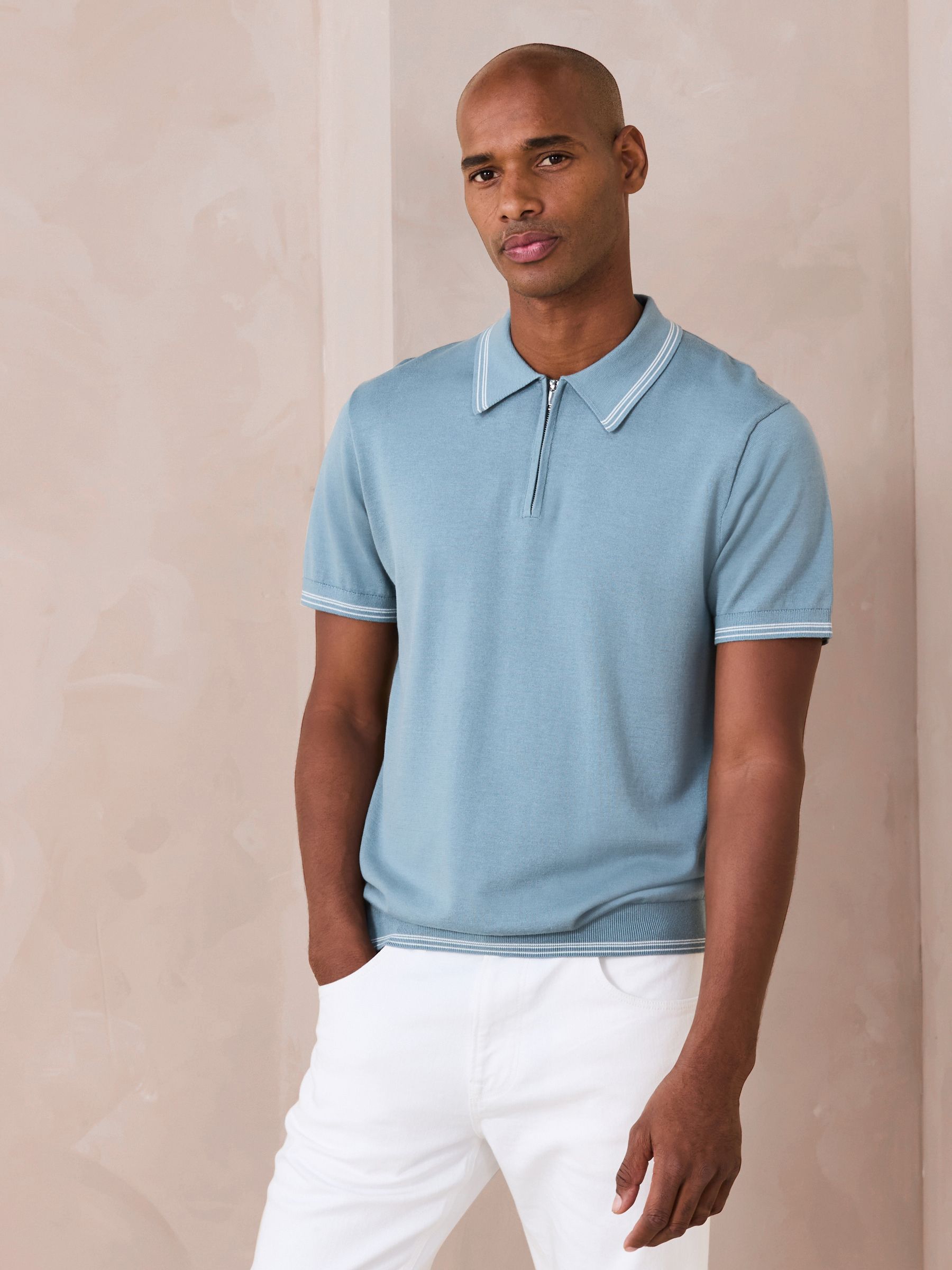 トップス Te/Ca Milled Light Polo Buy Light Blue Slim Fit N. Premium Tipped Short Sleeve Quarter Zip