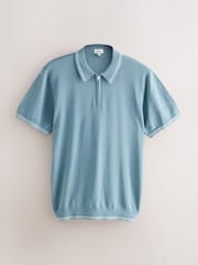 Light Blue Slim Fit N. Premium Tipped Short Sleeve Quarter Zip Knit Polo Shirt - Image 1 of 3