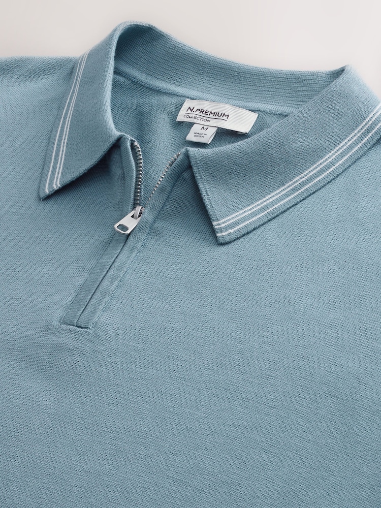 Light Blue Slim Fit N. Premium Tipped Short Sleeve Quarter Zip Knit Polo Shirt - Image 3 of 3
