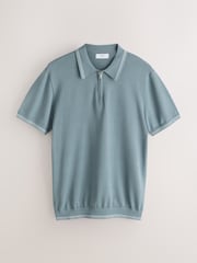 Light Blue Slim Fit N. Premium Tipped Short Sleeve Quarter Zip Knit Polo Shirt - Image 4 of 6