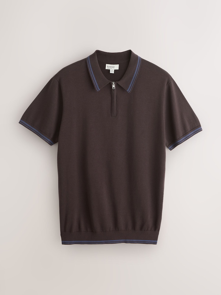Chocolate Brown Slim Fit N. Premium Tipped Short Sleeve Quarter Zip Knit Polo Shirt - Image 1 of 3