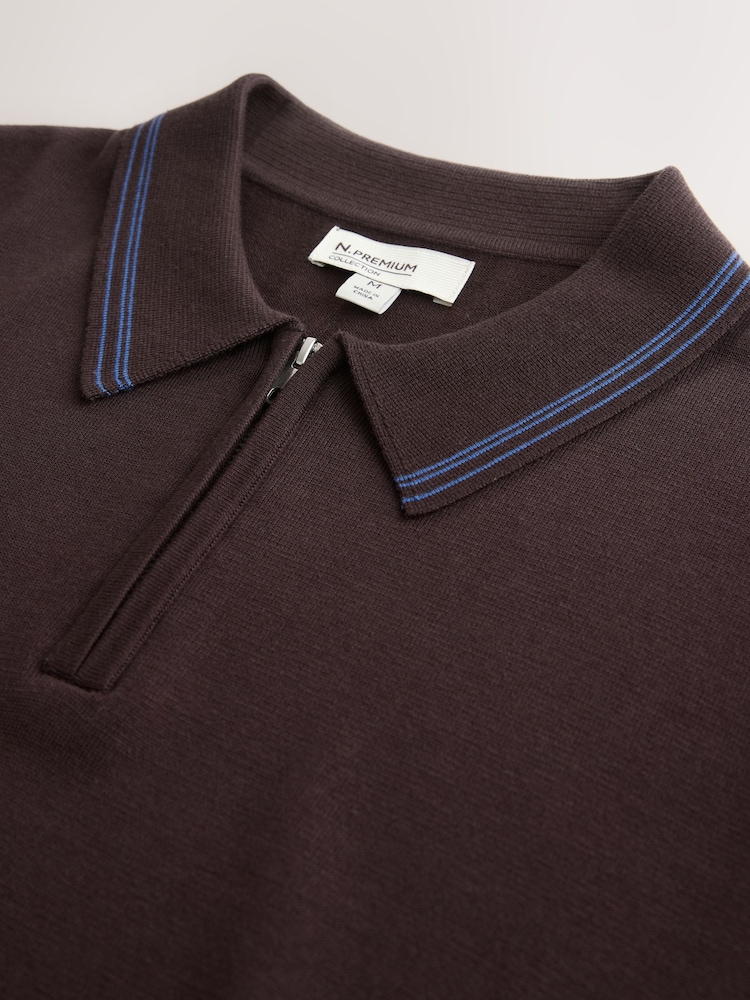 Chocolate Brown Slim Fit N. Premium Tipped Short Sleeve Quarter Zip Knit Polo Shirt - Image 2 of 3