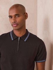 Chocolate Brown Slim Fit N. Premium Tipped Short Sleeve Quarter Zip Knit Polo Shirt - Image 4 of 8