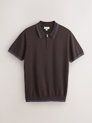 Chocolate Brown Slim Fit N. Premium Tipped Short Sleeve Quarter Zip Knit Polo Shirt - Image 6 of 8