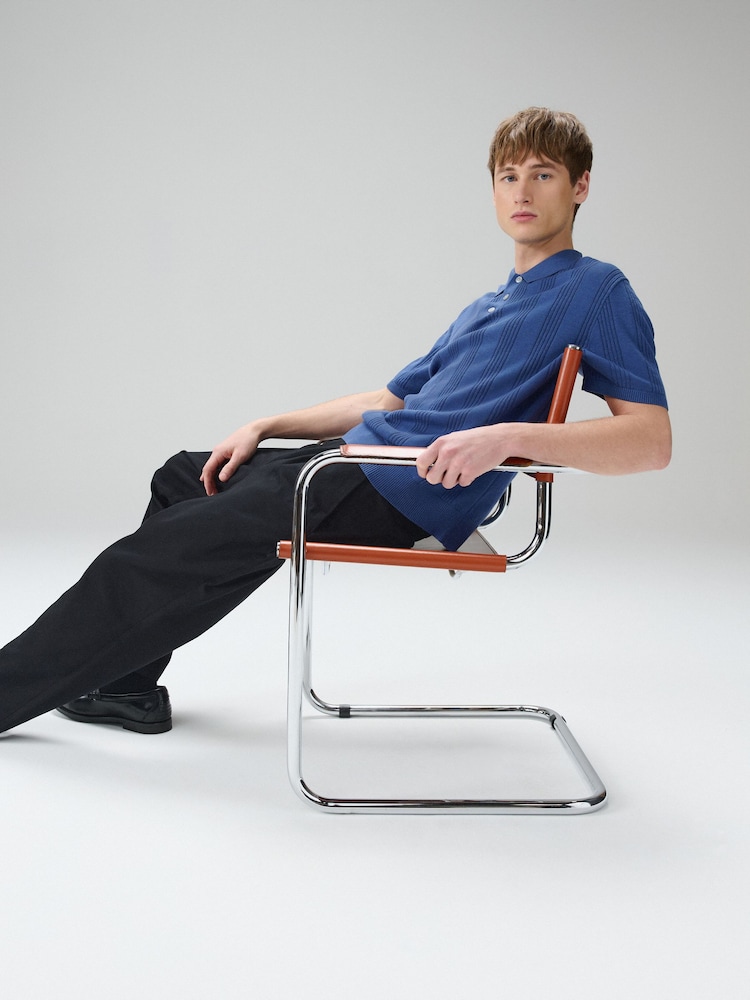 Blue Regular Fit Regular Fit Cotton Rich Pointelle Stripe Short Sleeve Knit Polo Shirt - Image 2 of 8